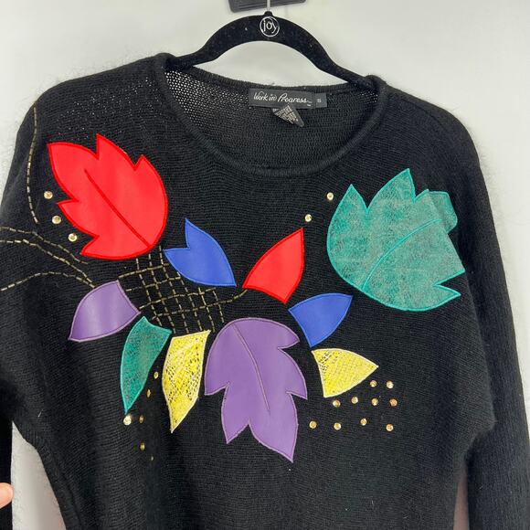 Vtg Work In Progress Knit Tunic Sweater 90's Sequins Leaves Silk Angora Small - Picture 9 of 11